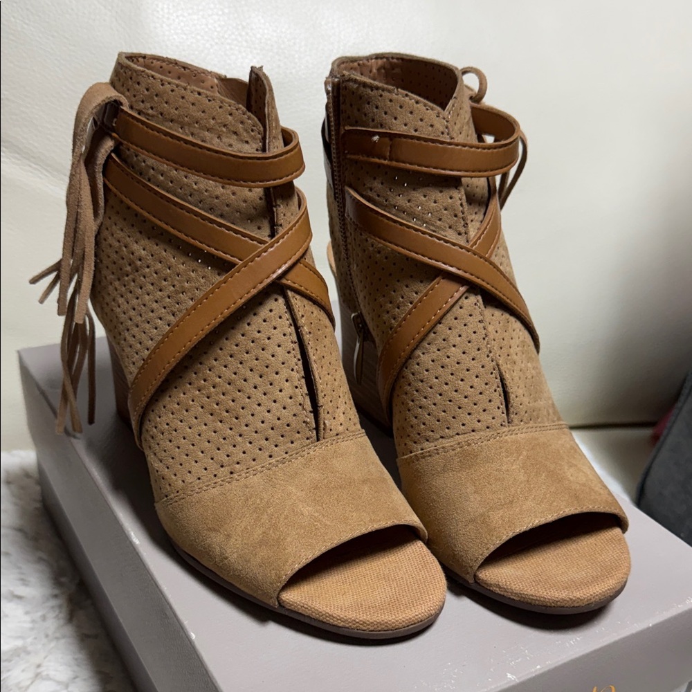 Franco Sarto Tan Peep-Toe Heeled Boots